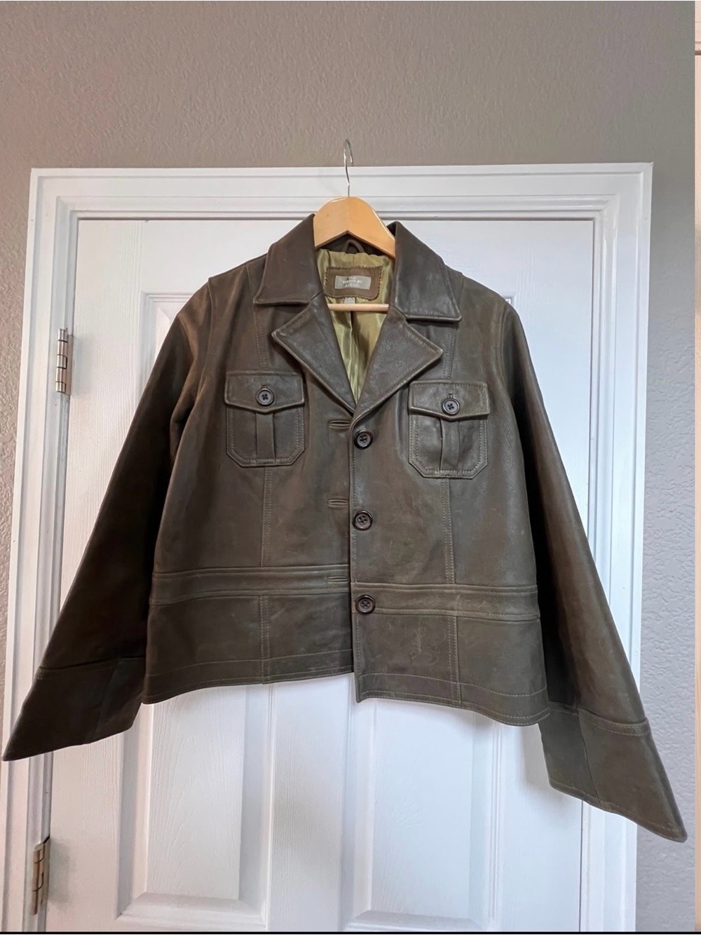 The Territory Ahead Olive Brown Leather Button-Front Jacket